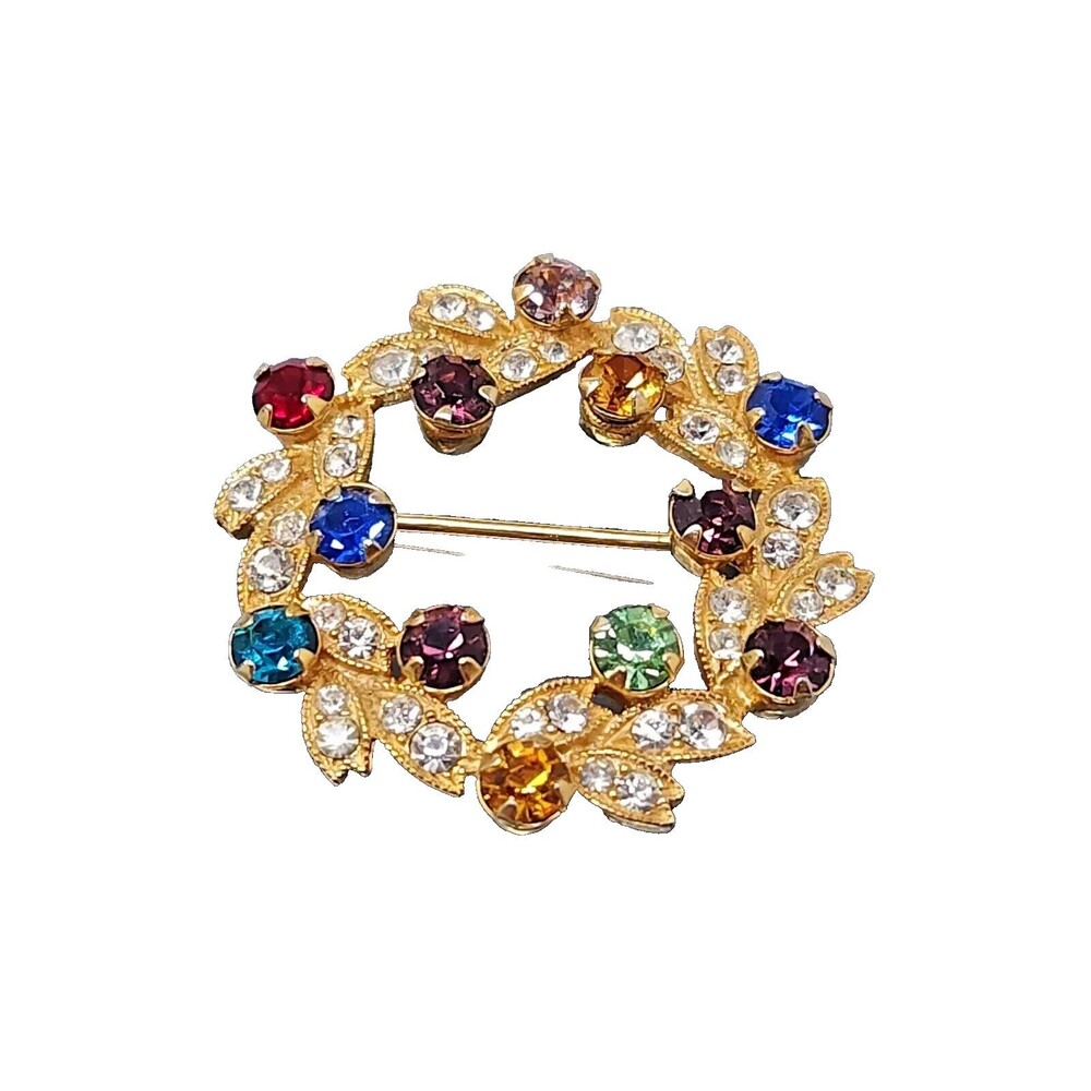 Stunning Vintage Eisenberg Multicolor Rhinestone Gold Tone Wreath Brooch